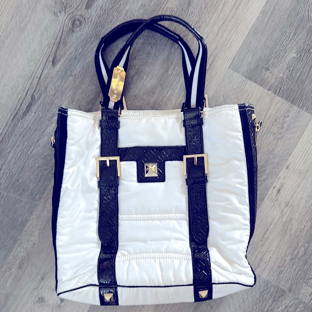 L.A.M.B. Black&White Quilted Nylon/Patent Leather Tote w/Gold Tone Hardware!